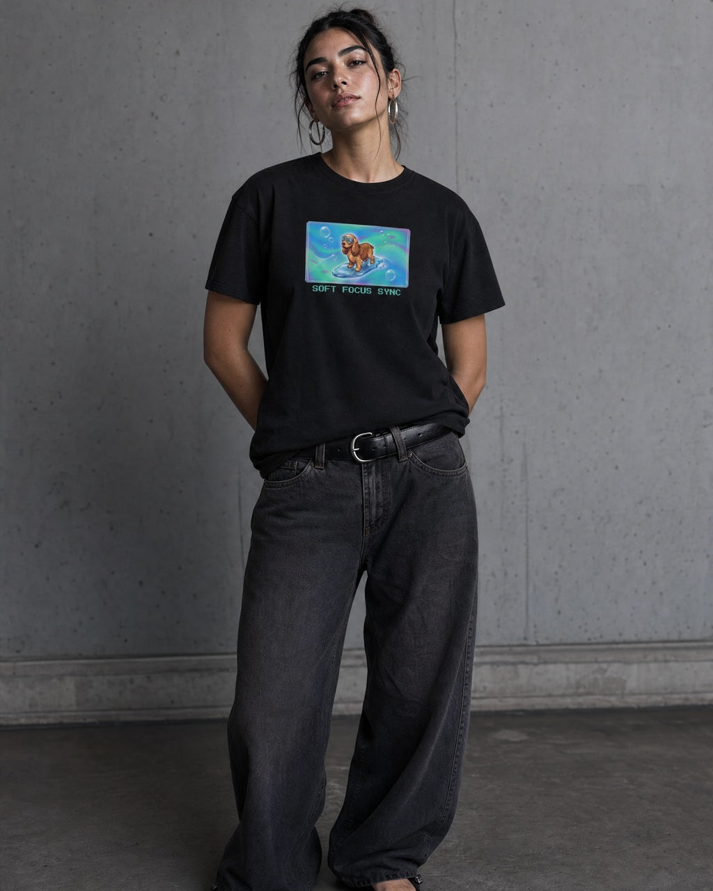 O's Tees Soft Focus Sync Cocker Spaniel Frutiger Aero Dogs graphic tee lifestyle image — Black shirt, female shot 01, washed black denim