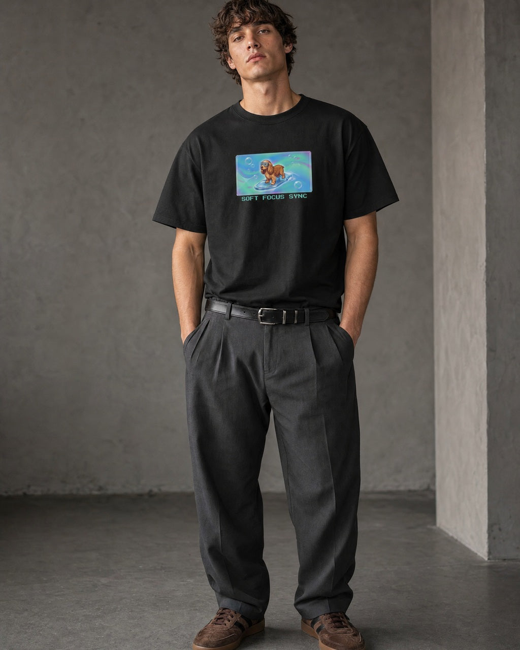 O's Tees Soft Focus Sync Cocker Spaniel Frutiger Aero Dogs graphic tee lifestyle image — Black shirt, male shot 01, charcoal pleated trouser