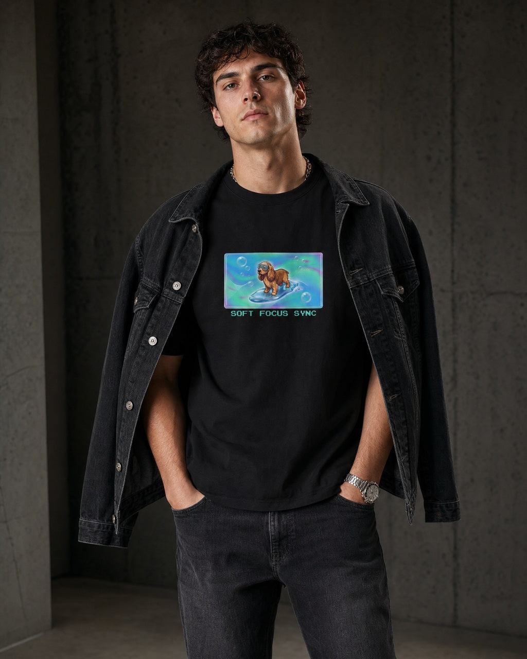 O's Tees Soft Focus Sync Cocker Spaniel Frutiger Aero Dogs graphic tee lifestyle image — Black shirt, male shot 02, washed black double denim