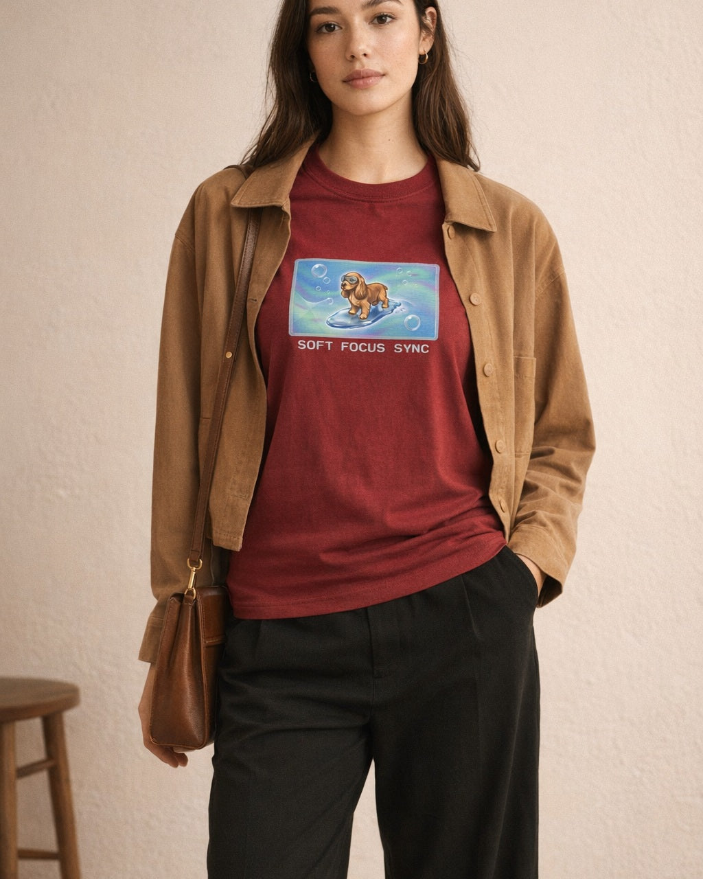O's Tees Soft Focus Sync Cocker Spaniel Frutiger Aero Dogs graphic tee lifestyle image — Cardinal Red shirt, female shot 02, black trouser camel jacket