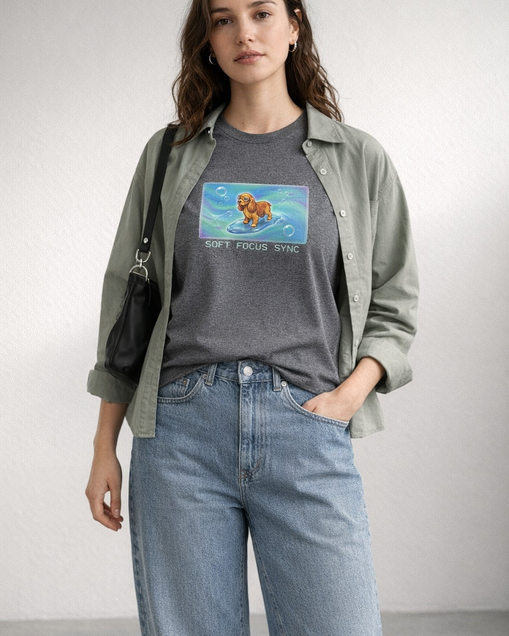 O's Tees Soft Focus Sync Cocker Spaniel Frutiger Aero Dogs graphic tee lifestyle image — Graphite Heather shirt, female shot 01, washed blue denim sage