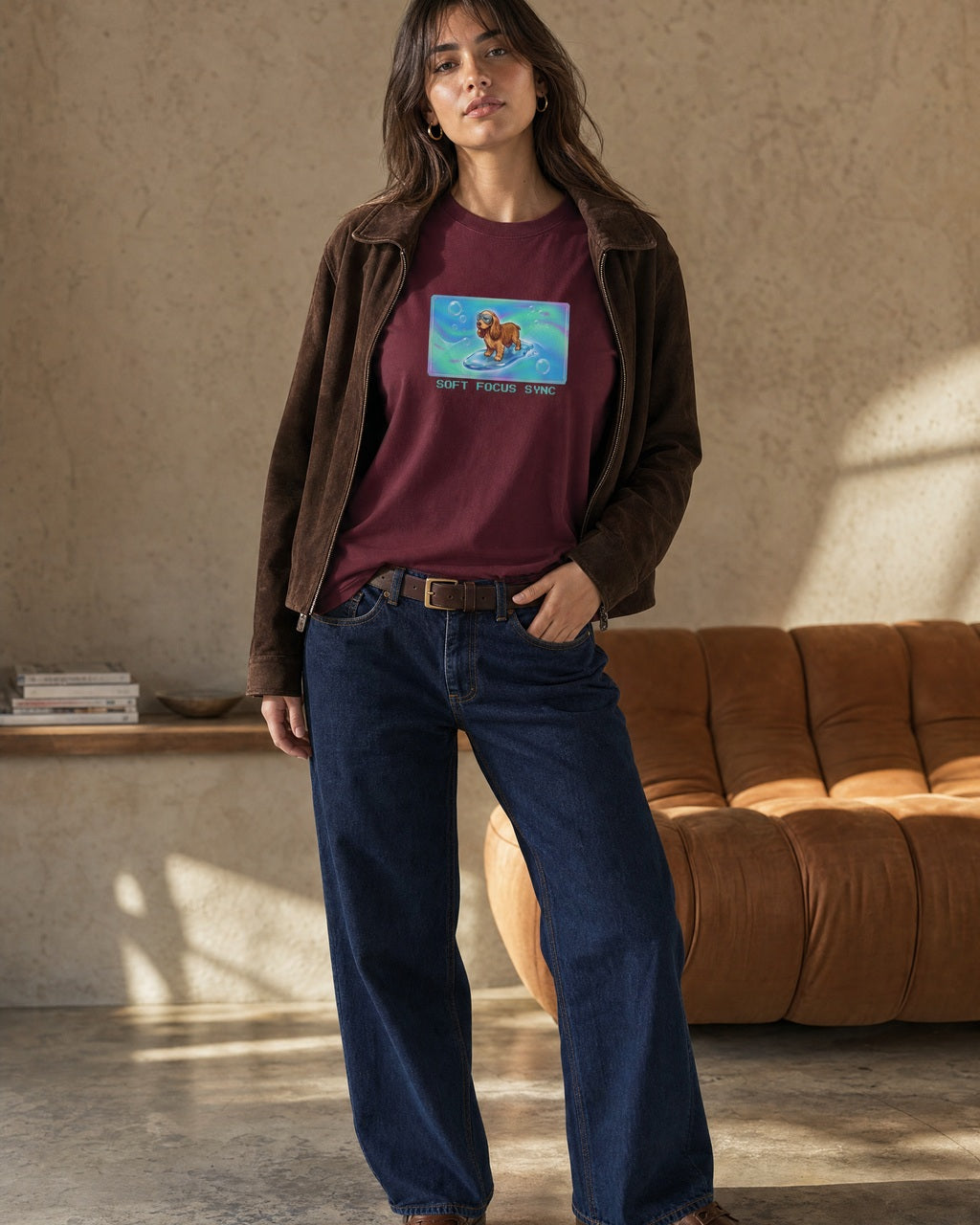 O's Tees Soft Focus Sync Cocker Spaniel Frutiger Aero Dogs graphic tee lifestyle image — Maroon shirt, female shot 01, deep indigo chocolate