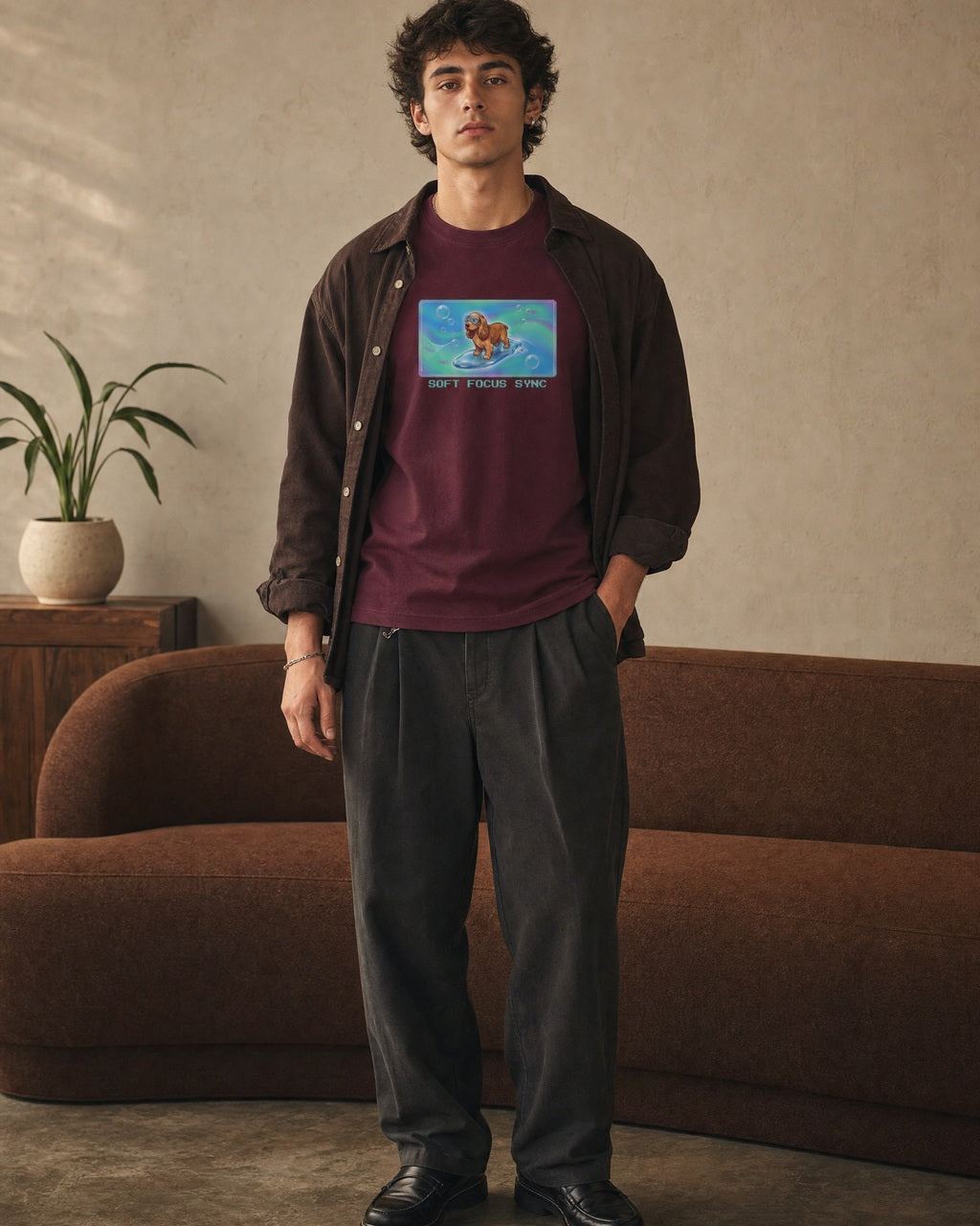 O's Tees Soft Focus Sync Cocker Spaniel Frutiger Aero Dogs graphic tee lifestyle image — Maroon shirt, male shot 02, charcoal workwear