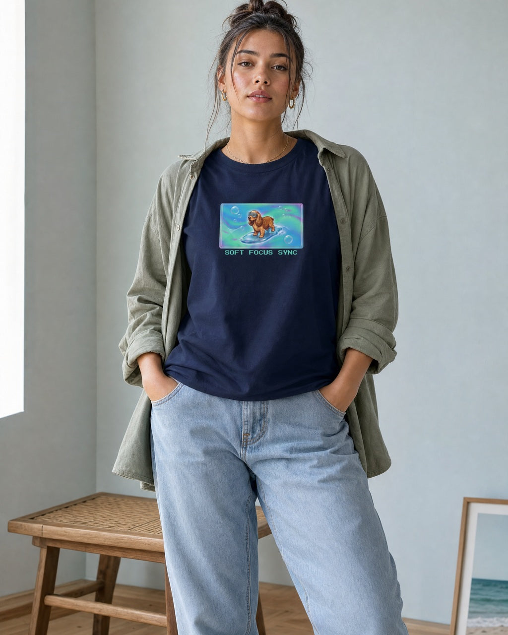 O's Tees Soft Focus Sync Cocker Spaniel Frutiger Aero Dogs graphic tee lifestyle image — Navy shirt, female shot 02, lightwash sage