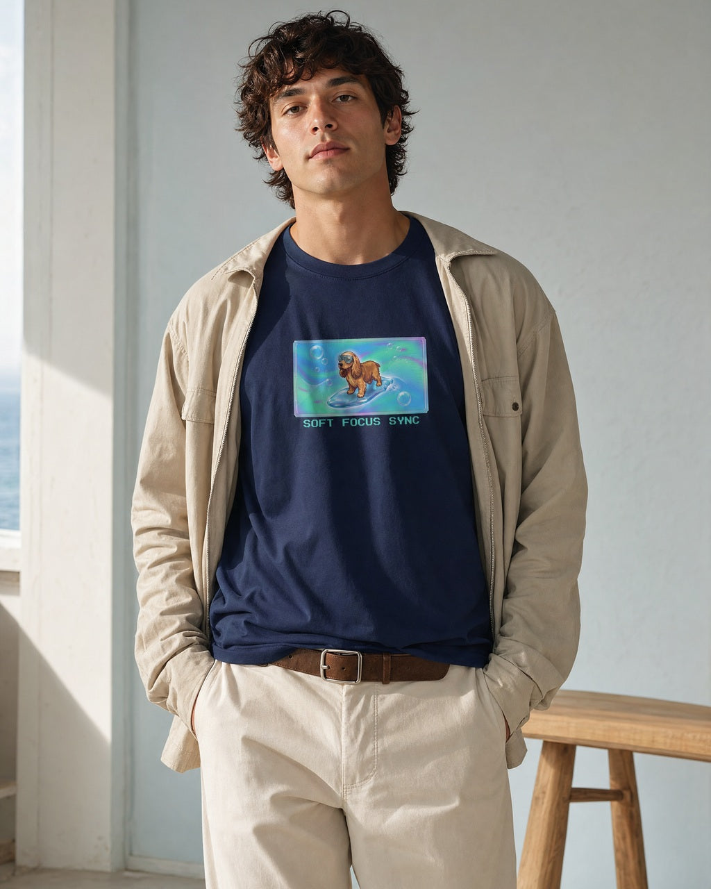 O's Tees Soft Focus Sync Cocker Spaniel Frutiger Aero Dogs graphic tee lifestyle image — Navy shirt, male shot 01, ecru trouser field