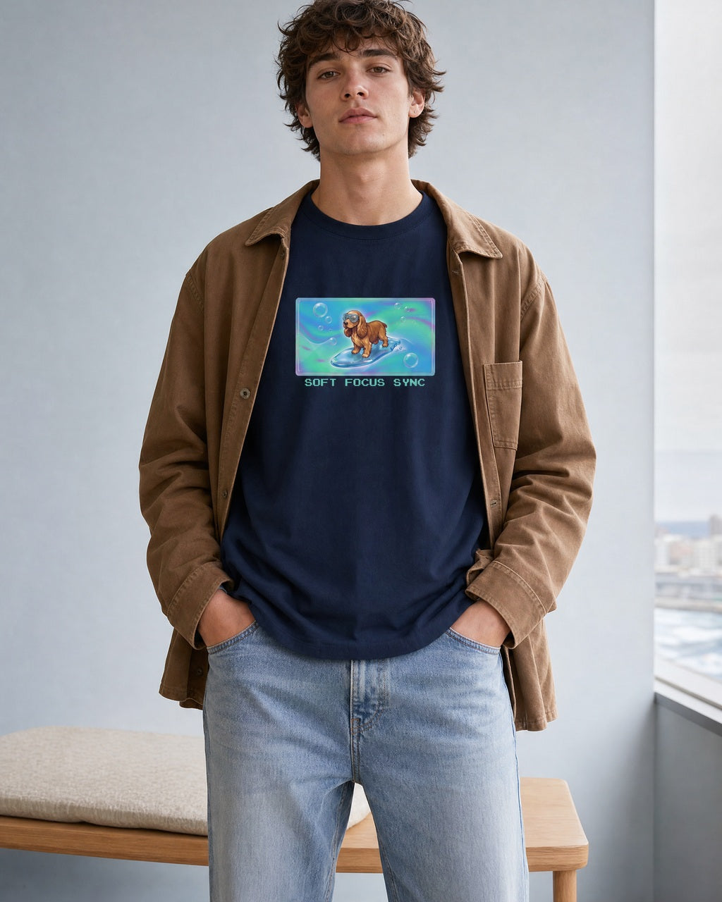 O's Tees Soft Focus Sync Cocker Spaniel Frutiger Aero Dogs graphic tee lifestyle image — Navy shirt, male shot 02, light denim tobacco
