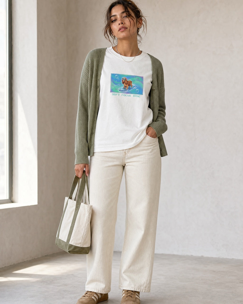 O's Tees Soft Focus Sync Cocker Spaniel Frutiger Aero Dogs graphic tee lifestyle image — White shirt, female shot 02, sage cardigan cream denim