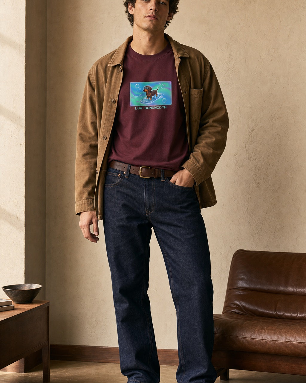 O's Tees Low Bandwidth Dachshund Frutiger Aero Dogs graphic tee lifestyle image — Maroon shirt, male shot 01, raw denim camel