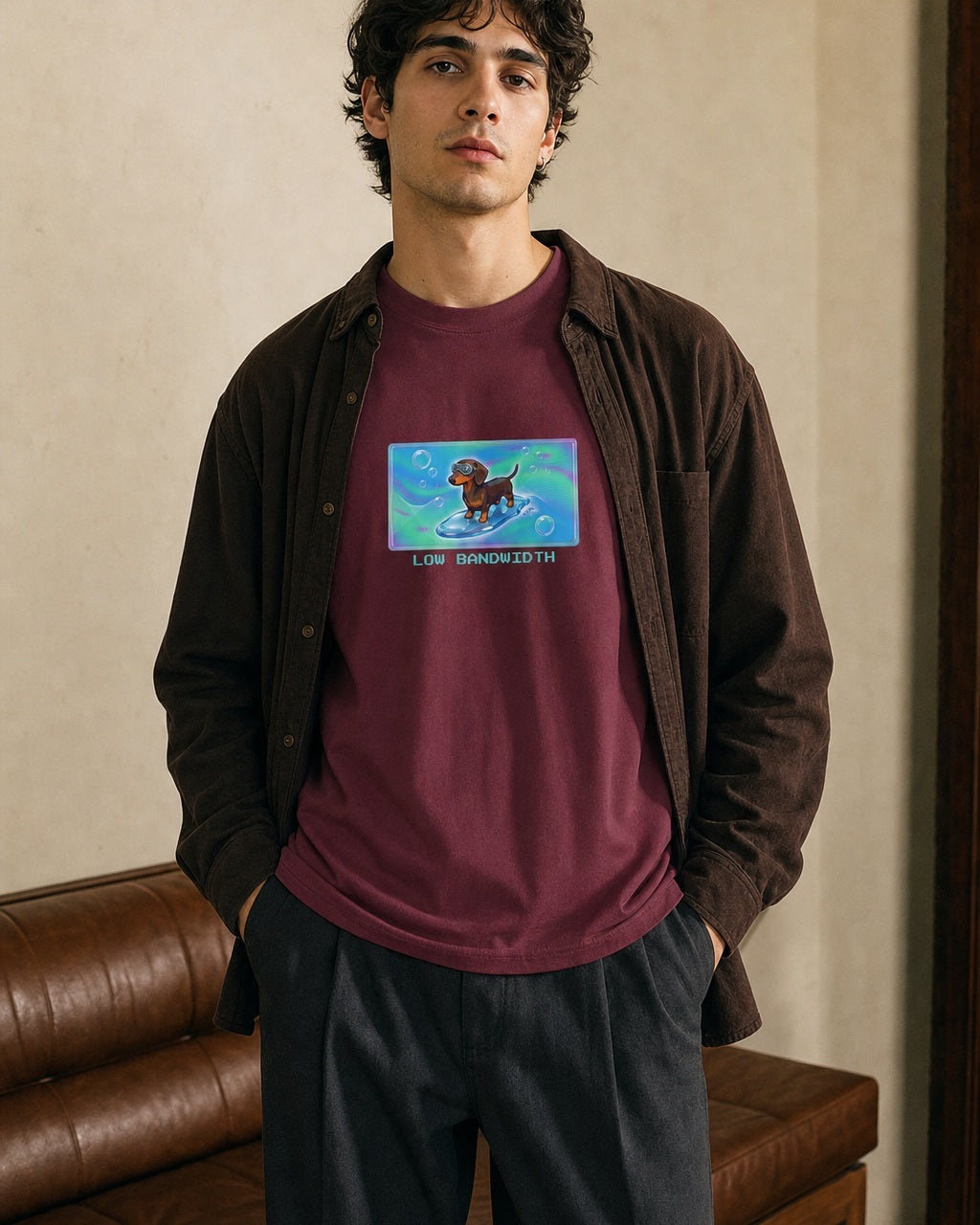 O's Tees Low Bandwidth Dachshund Frutiger Aero Dogs graphic tee lifestyle image — Maroon shirt, male shot 02, charcoal workwear