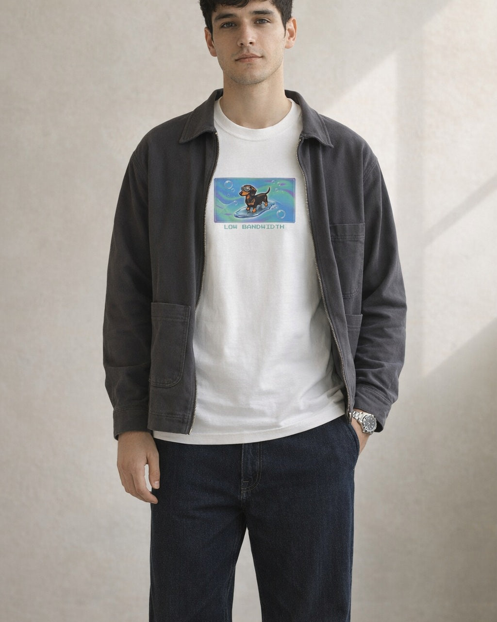 O's Tees Low Bandwidth Dachshund Frutiger Aero Dogs graphic tee lifestyle image — White shirt, male shot 02, indigo workwear