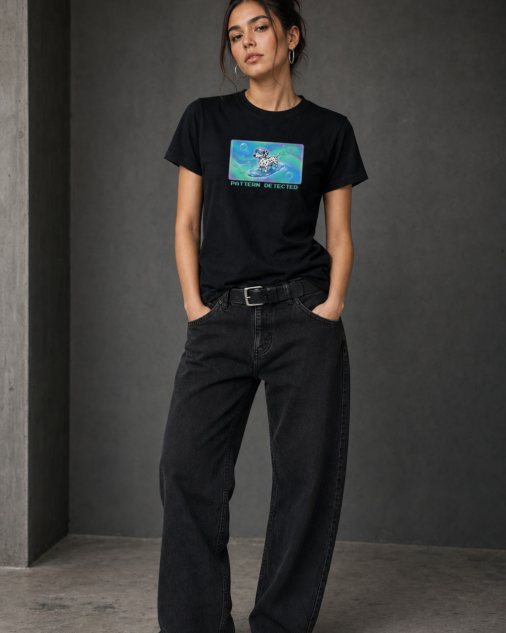 O's Tees Pattern Detected Dalmatian Frutiger Aero Dogs graphic tee lifestyle image — Black shirt, female shot 01, washed black denim