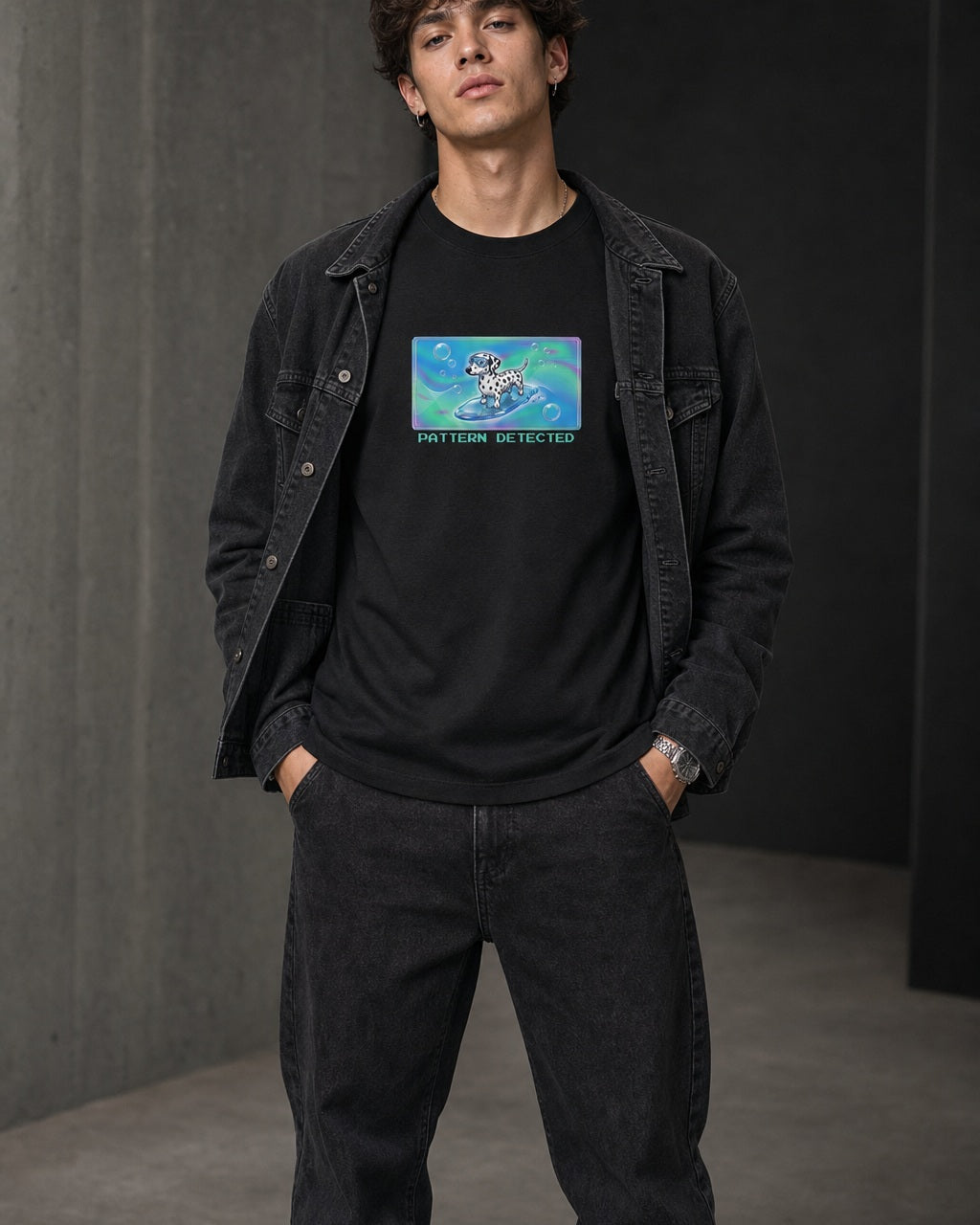 O's Tees Pattern Detected Dalmatian Frutiger Aero Dogs graphic tee lifestyle image — Black shirt, male shot 02, washed black double denim