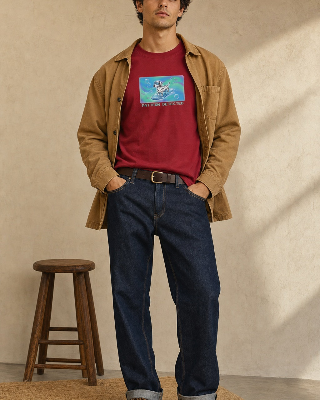 O's Tees Pattern Detected Dalmatian Frutiger Aero Dogs graphic tee lifestyle image — Cardinal Red shirt, male shot 01, raw denim camel chore