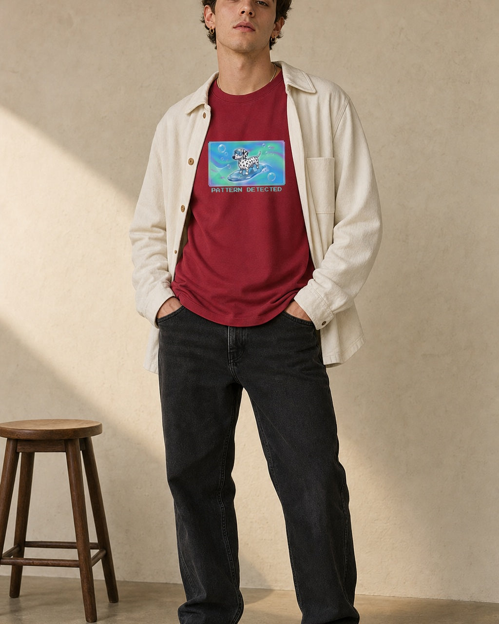 O's Tees Pattern Detected Dalmatian Frutiger Aero Dogs graphic tee lifestyle image — Cardinal Red shirt, male shot 02, black jeans cream overshirt
