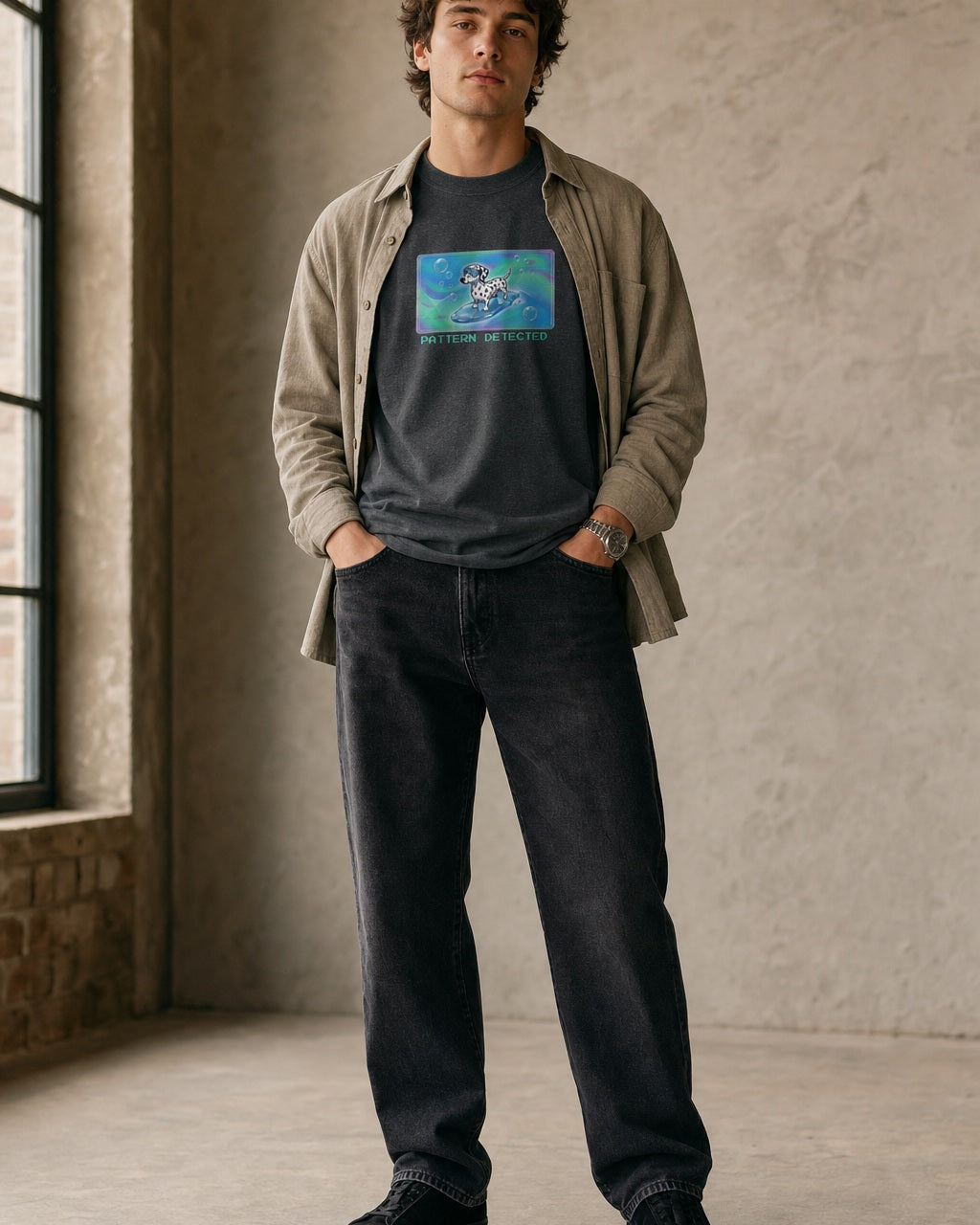 O's Tees Pattern Detected Dalmatian Frutiger Aero Dogs graphic tee lifestyle image — Dark Heather shirt, male shot 02, faded black denim stone overshirt
