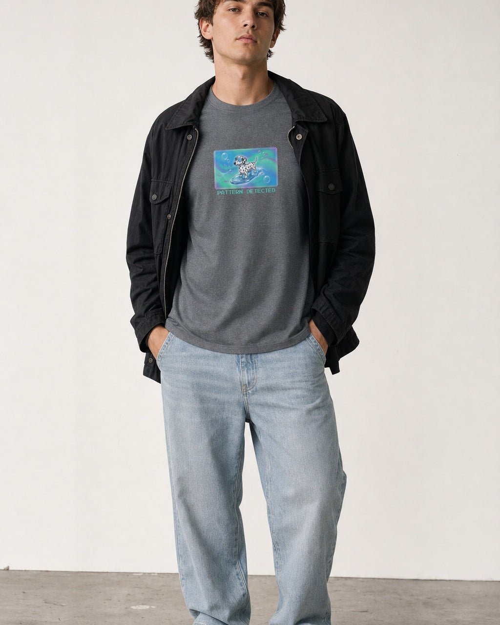 O's Tees Pattern Detected Dalmatian Frutiger Aero Dogs graphic tee lifestyle image — Graphite Heather shirt, male shot 02, light denim black field