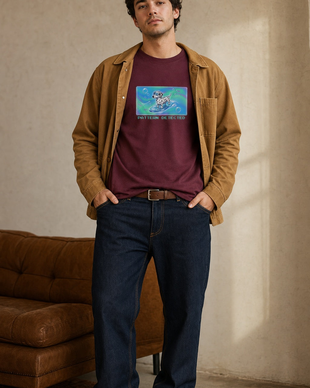 O's Tees Pattern Detected Dalmatian Frutiger Aero Dogs graphic tee lifestyle image — Maroon shirt, male shot 01, raw denim camel