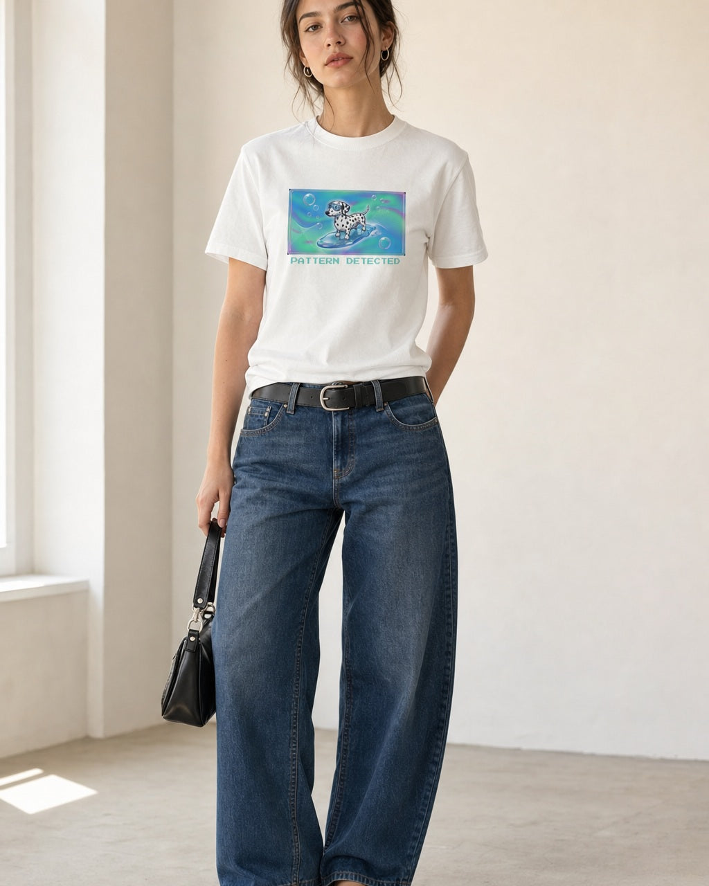 O's Tees Pattern Detected Dalmatian Frutiger Aero Dogs graphic tee lifestyle image — White shirt, female shot 01, barrel denim mary jane