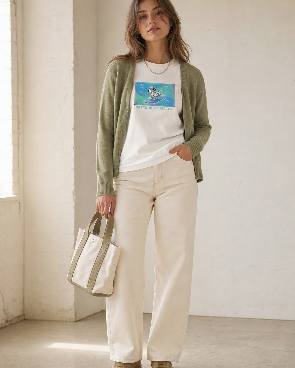 O's Tees Pattern Detected Dalmatian Frutiger Aero Dogs graphic tee lifestyle image — White shirt, female shot 02, sage cardigan cream denim