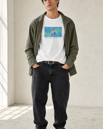 O's Tees Pattern Detected Dalmatian Frutiger Aero Dogs graphic tee lifestyle image — White shirt, male shot 01, black denim field jacket