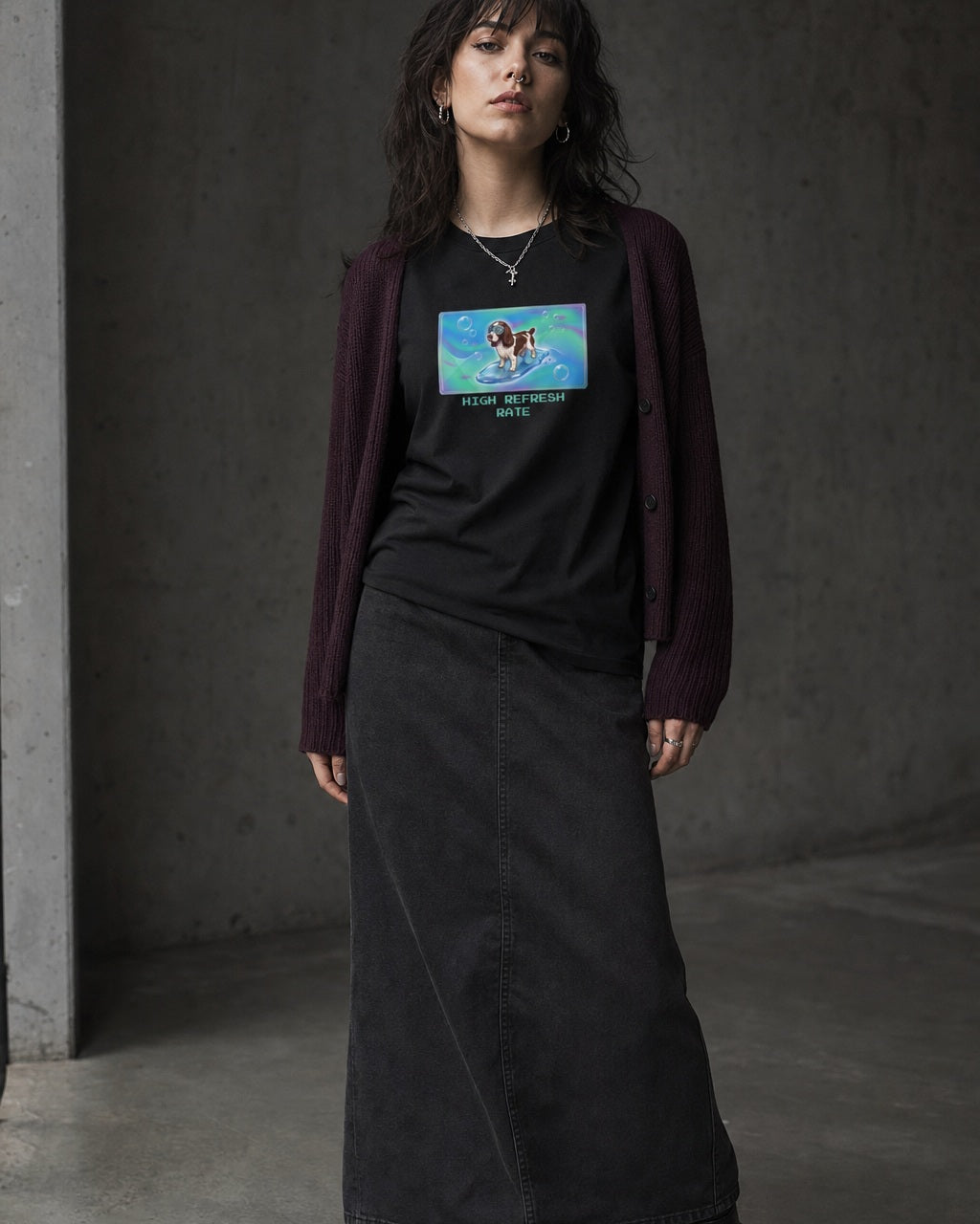 O's Tees High Refresh Rate English Springer Spaniel Frutiger Aero Dogs graphic tee lifestyle image — Black shirt, female shot 02, charcoal maxi plum