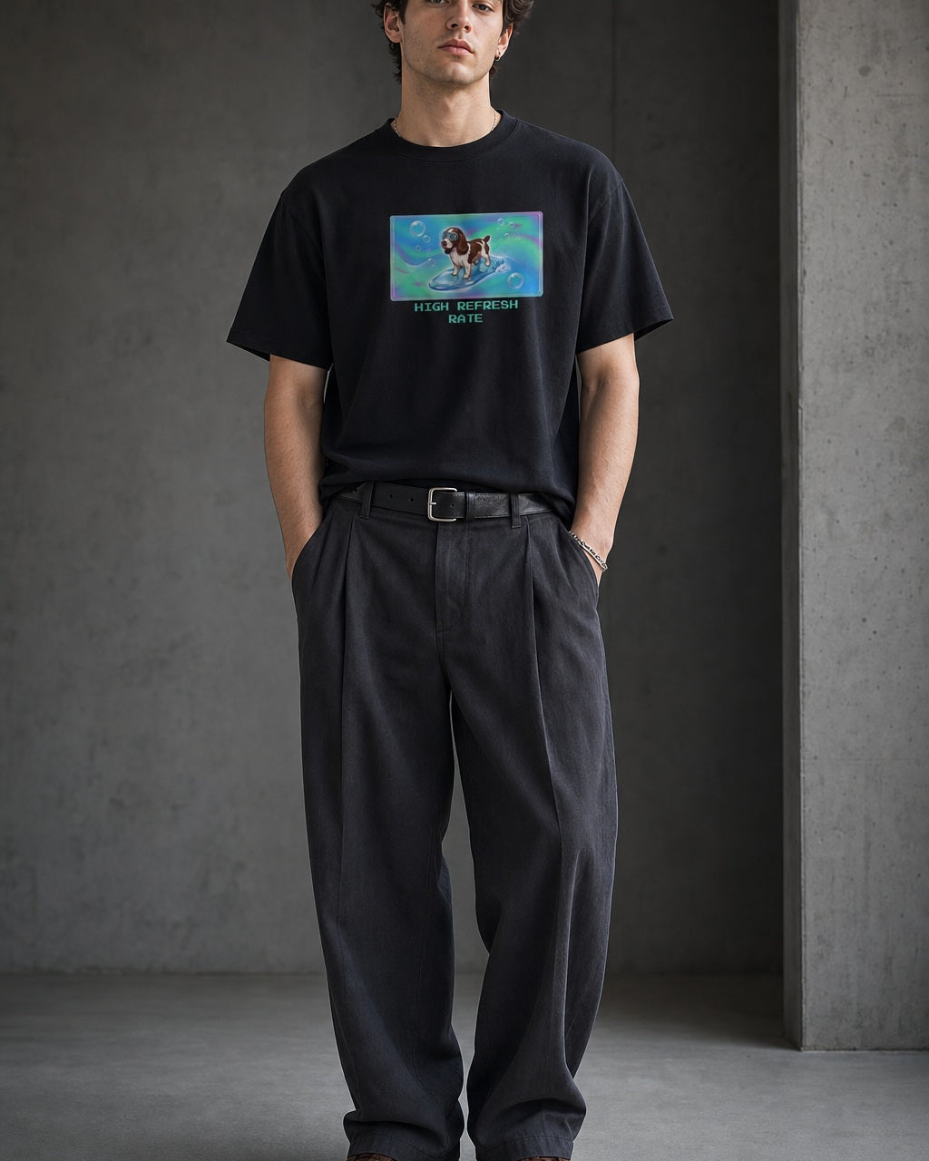O's Tees High Refresh Rate English Springer Spaniel Frutiger Aero Dogs graphic tee lifestyle image — Black shirt, male shot 01, charcoal pleated trouser