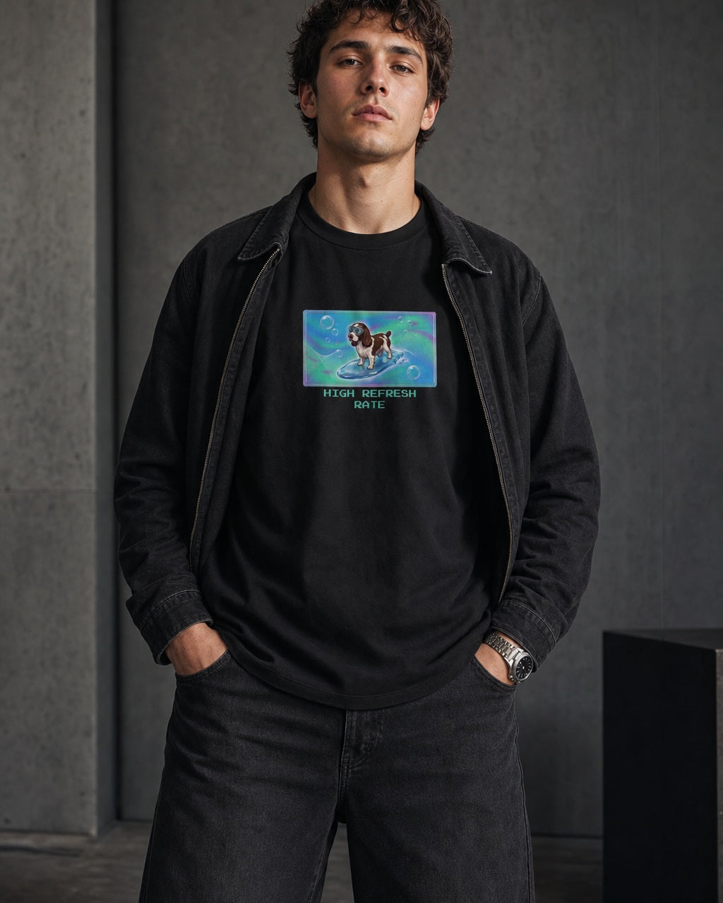 O's Tees High Refresh Rate English Springer Spaniel Frutiger Aero Dogs graphic tee lifestyle image — Black shirt, male shot 02, washed black double denim
