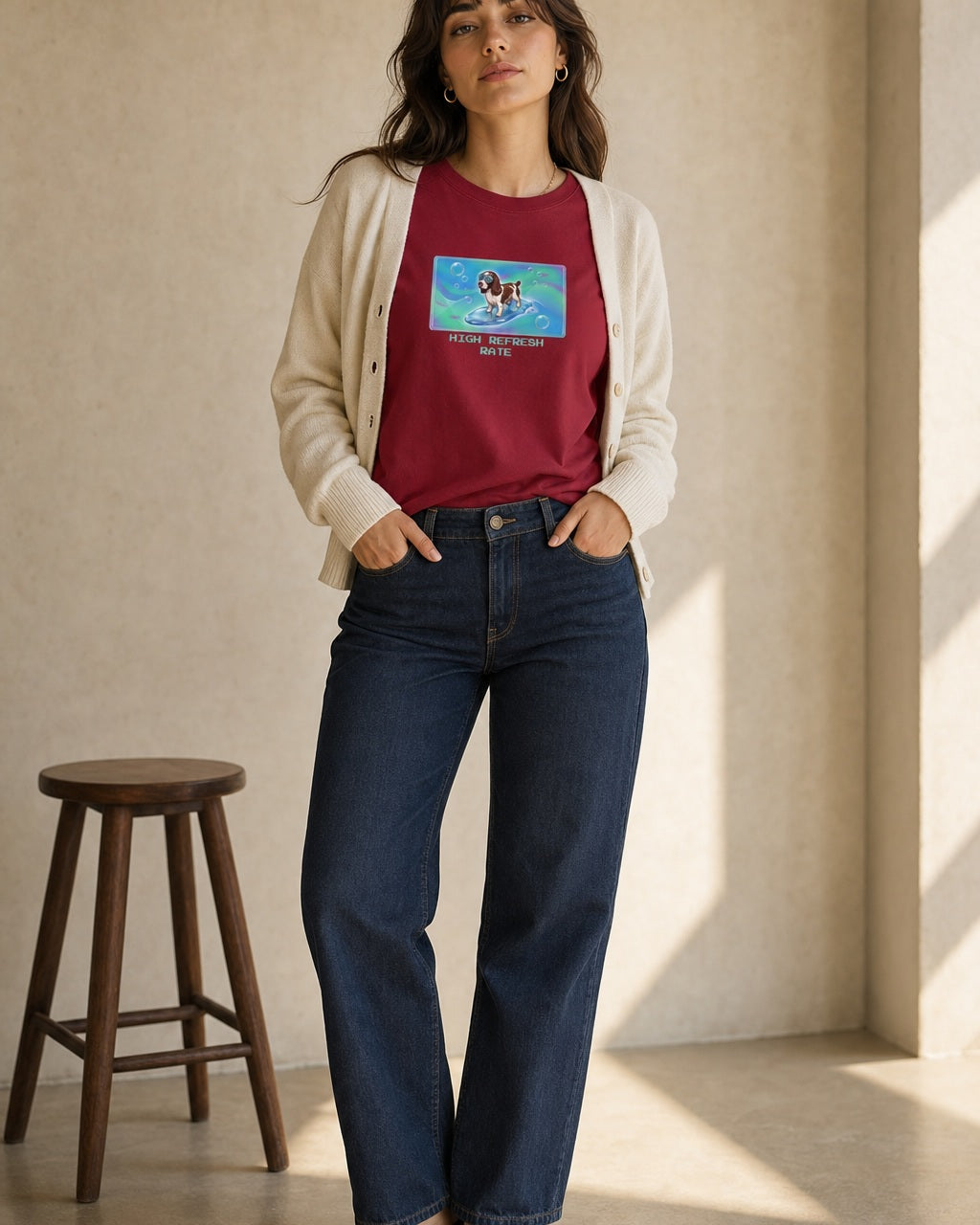 O's Tees High Refresh Rate English Springer Spaniel Frutiger Aero Dogs graphic tee lifestyle image — Cardinal Red shirt, female shot 01, dark indigo cream cardigan
