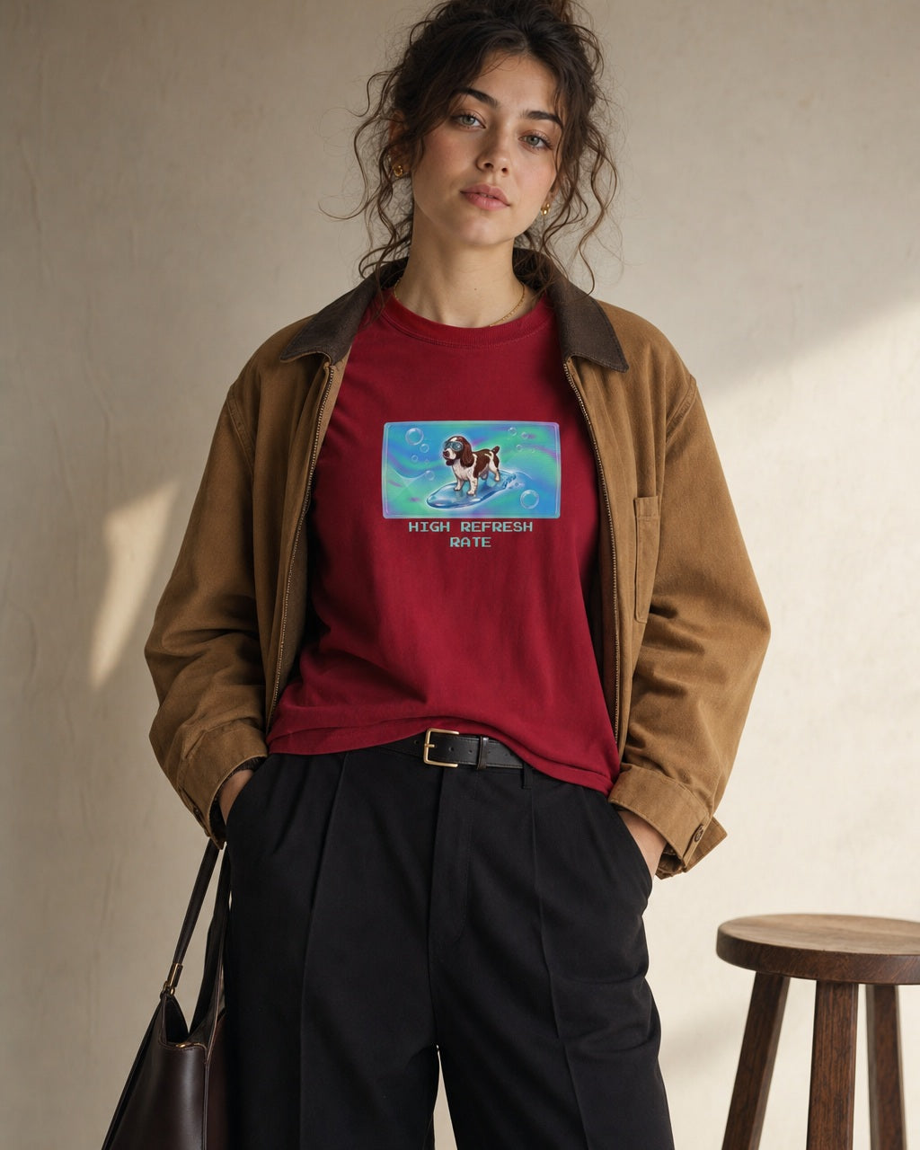 O's Tees High Refresh Rate English Springer Spaniel Frutiger Aero Dogs graphic tee lifestyle image — Cardinal Red shirt, female shot 02, black trouser camel jacket