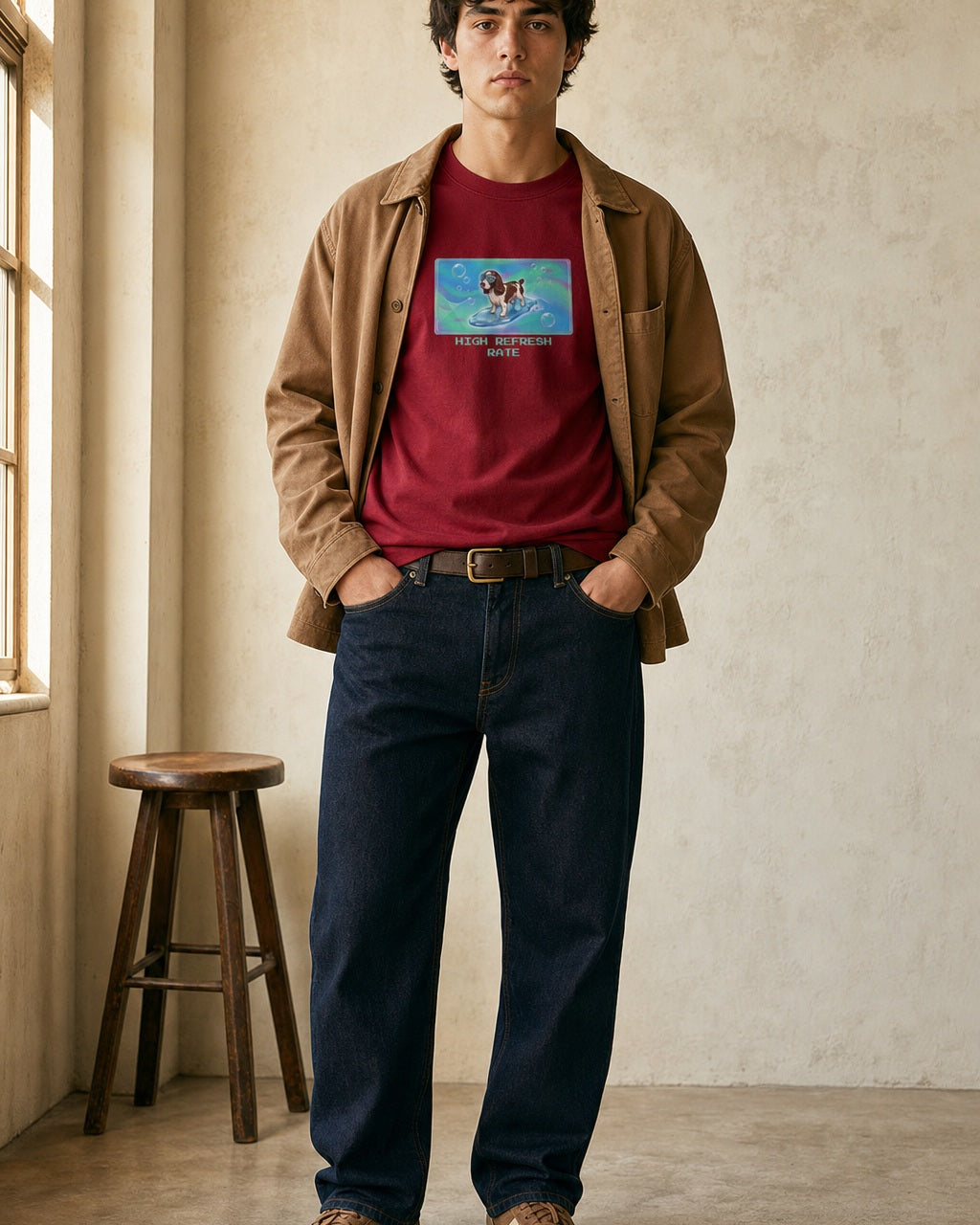 O's Tees High Refresh Rate English Springer Spaniel Frutiger Aero Dogs graphic tee lifestyle image — Cardinal Red shirt, male shot 01, raw denim camel chore