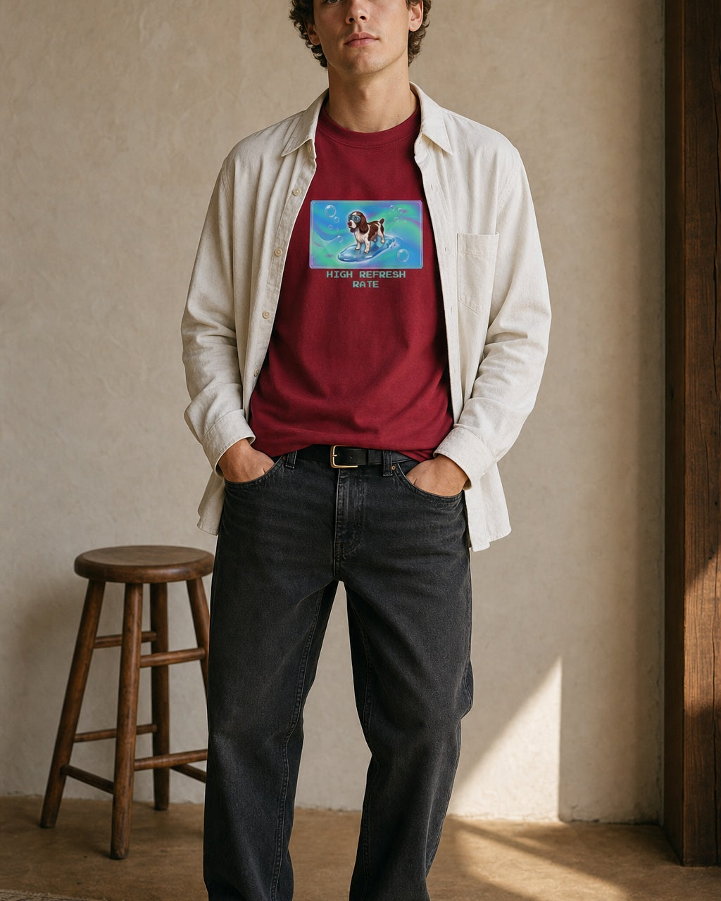 O's Tees High Refresh Rate English Springer Spaniel Frutiger Aero Dogs graphic tee lifestyle image — Cardinal Red shirt, male shot 02, black jeans cream overshirt