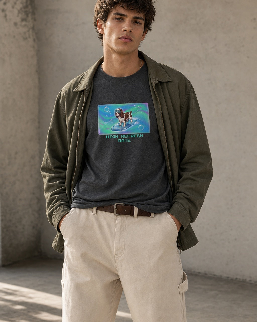 O's Tees High Refresh Rate English Springer Spaniel Frutiger Aero Dogs graphic tee lifestyle image — Dark Heather shirt, male shot 01, ecru carpenter olive field
