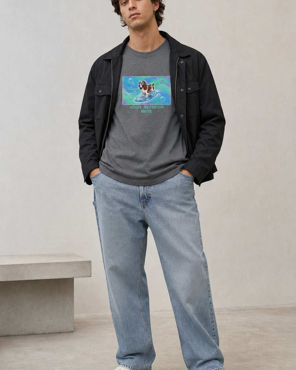 O's Tees High Refresh Rate English Springer Spaniel Frutiger Aero Dogs graphic tee lifestyle image — Graphite Heather shirt, male shot 02, light denim black field