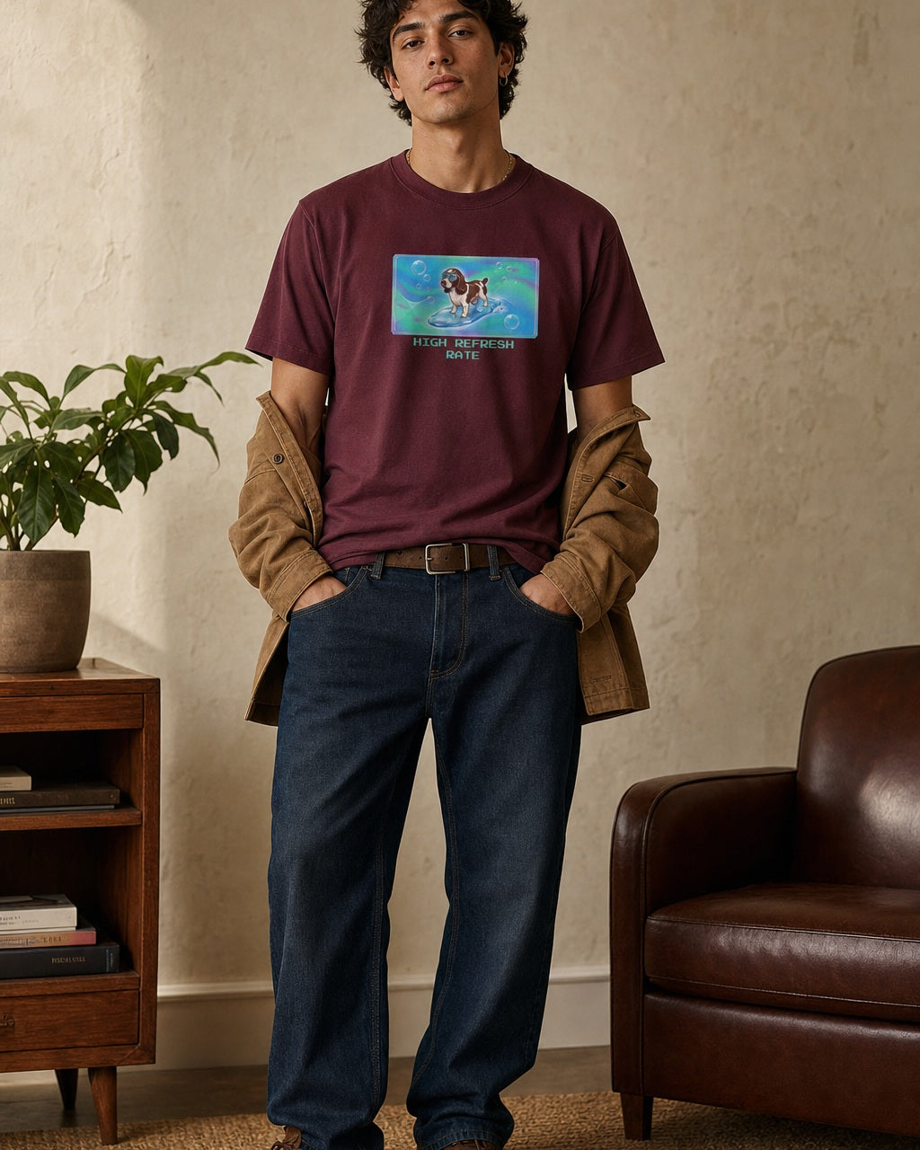 O's Tees High Refresh Rate English Springer Spaniel Frutiger Aero Dogs graphic tee lifestyle image — Maroon shirt, male shot 01, raw denim camel