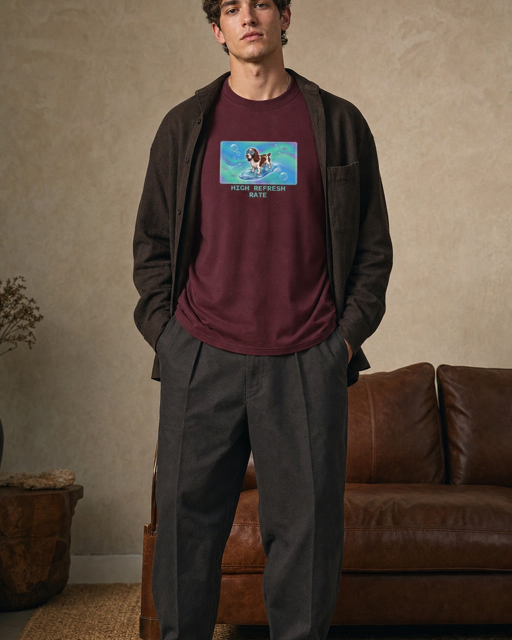 O's Tees High Refresh Rate English Springer Spaniel Frutiger Aero Dogs graphic tee lifestyle image — Maroon shirt, male shot 02, charcoal workwear
