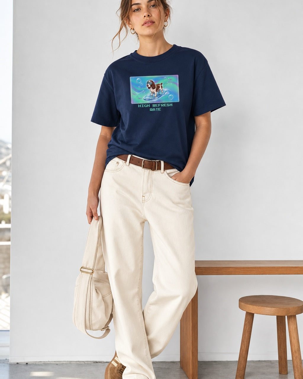 O's Tees High Refresh Rate English Springer Spaniel Frutiger Aero Dogs graphic tee lifestyle image — Navy shirt, female shot 01, ecru barrel tan suede