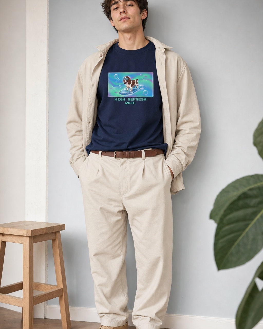 O's Tees High Refresh Rate English Springer Spaniel Frutiger Aero Dogs graphic tee lifestyle image — Navy shirt, male shot 01, ecru trouser field