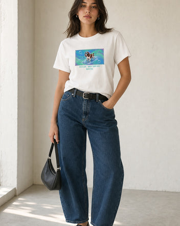 O's Tees High Refresh Rate English Springer Spaniel Frutiger Aero Dogs graphic tee lifestyle image — White shirt, female shot 01, barrel denim mary jane