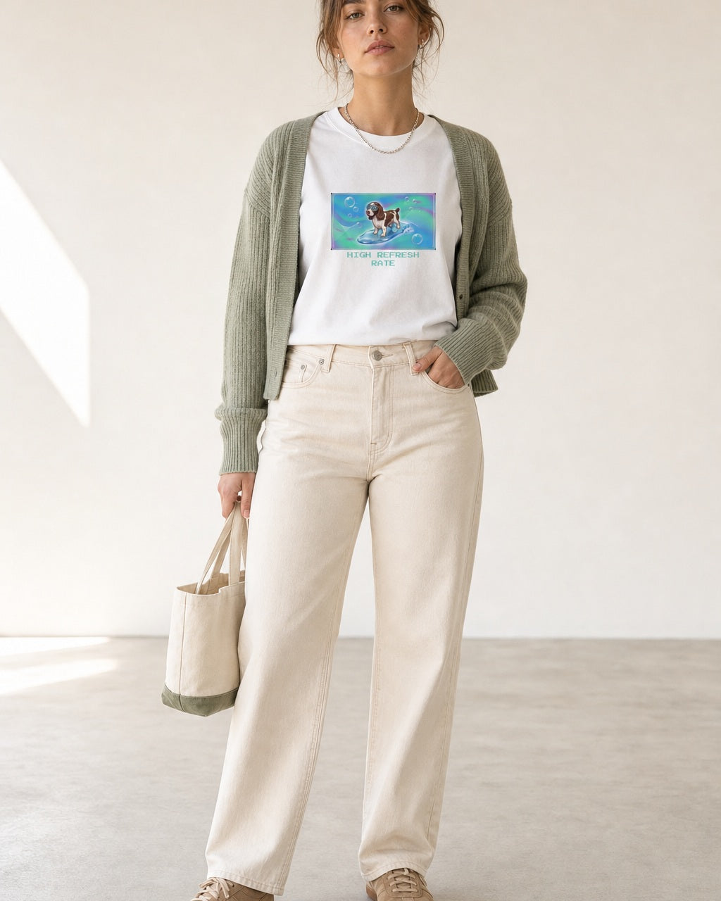 O's Tees High Refresh Rate English Springer Spaniel Frutiger Aero Dogs graphic tee lifestyle image — White shirt, female shot 02, sage cardigan cream denim