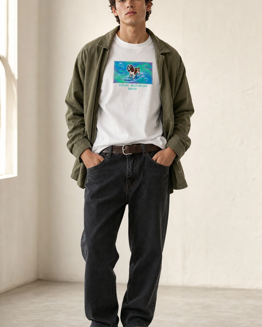 O's Tees High Refresh Rate English Springer Spaniel Frutiger Aero Dogs graphic tee lifestyle image — White shirt, male shot 01, black denim field jacket