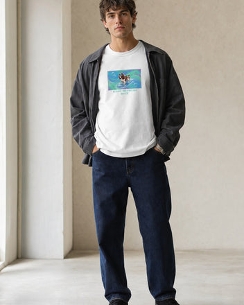 O's Tees High Refresh Rate English Springer Spaniel Frutiger Aero Dogs graphic tee lifestyle image — White shirt, male shot 02, indigo workwear