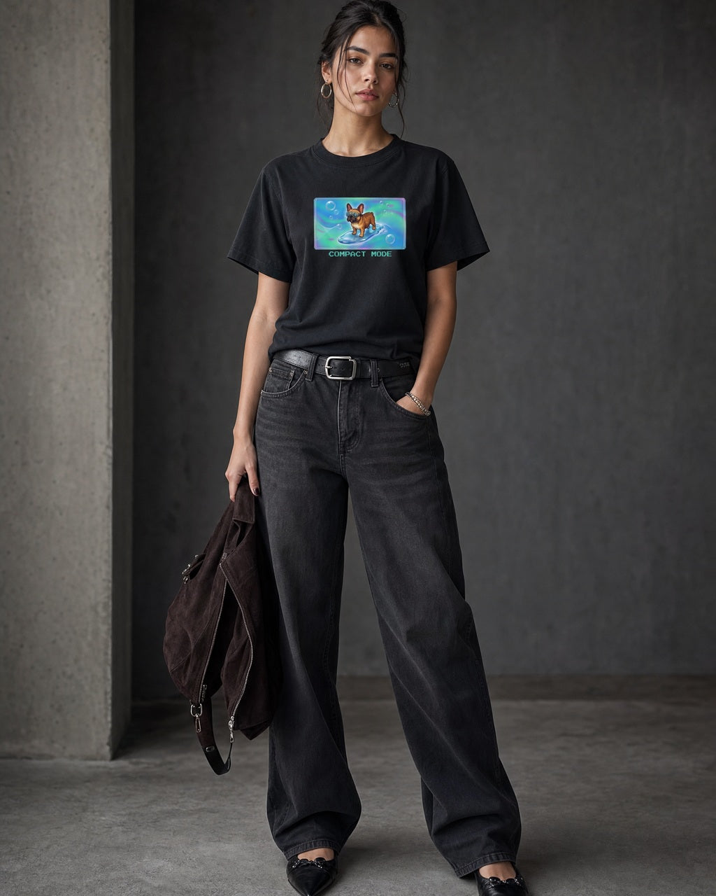 O's Tees Compact Mode French Bulldog Frutiger Aero Dogs graphic tee lifestyle image — Black shirt, female shot 01, washed black denim