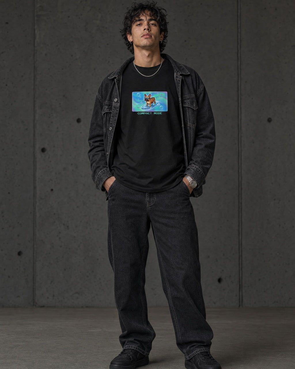 O's Tees Compact Mode French Bulldog Frutiger Aero Dogs graphic tee lifestyle image — Black shirt, male shot 02, washed black double denim