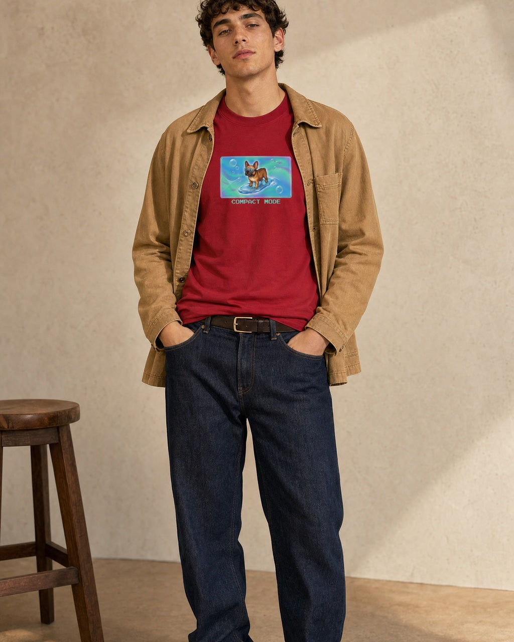 O's Tees Compact Mode French Bulldog Frutiger Aero Dogs graphic tee lifestyle image — Cardinal Red shirt, male shot 01, raw denim camel chore