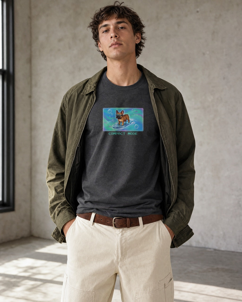 O's Tees Compact Mode French Bulldog Frutiger Aero Dogs graphic tee lifestyle image — Dark Heather shirt, male shot 01, ecru carpenter olive field