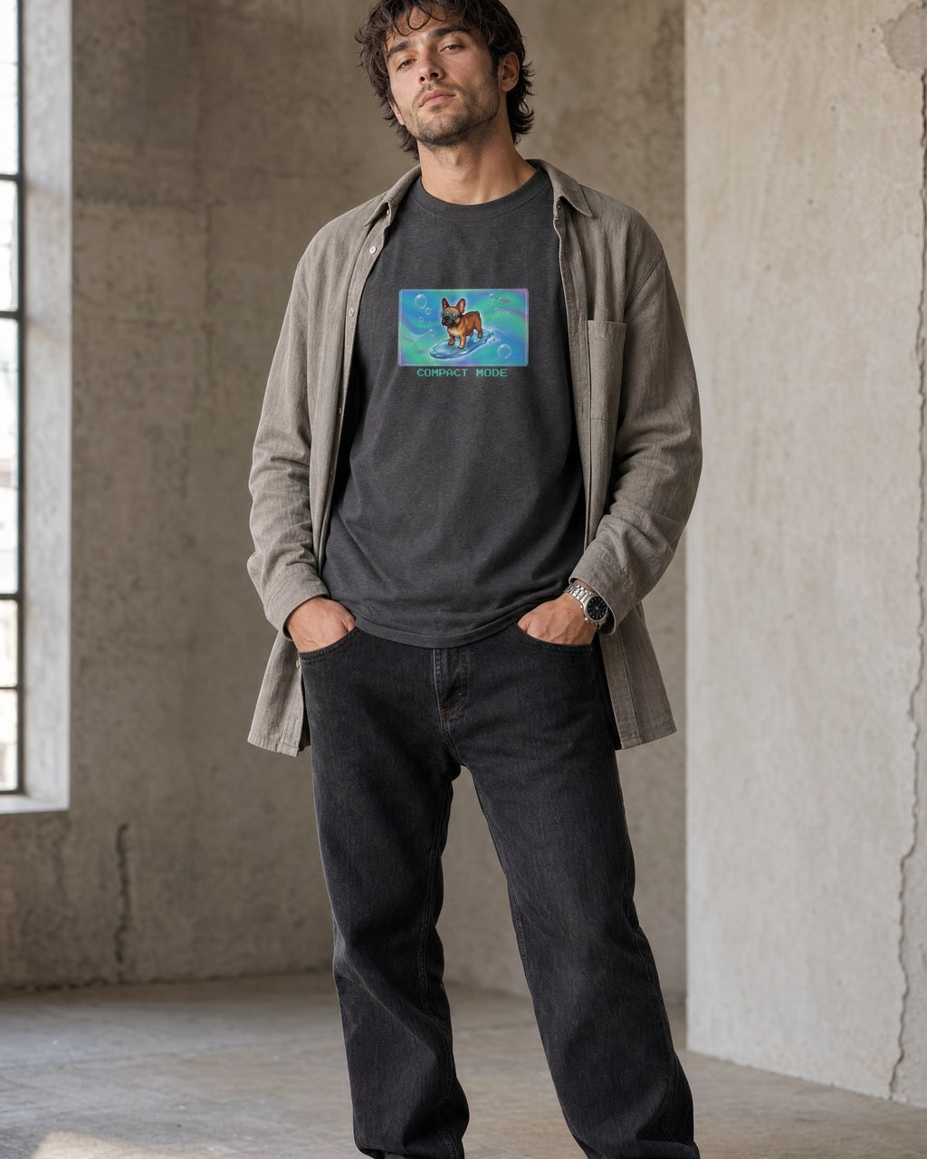 O's Tees Compact Mode French Bulldog Frutiger Aero Dogs graphic tee lifestyle image — Dark Heather shirt, male shot 02, faded black denim stone overshirt