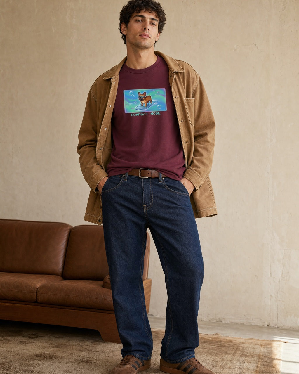 O's Tees Compact Mode French Bulldog Frutiger Aero Dogs graphic tee lifestyle image — Maroon shirt, male shot 01, raw denim camel