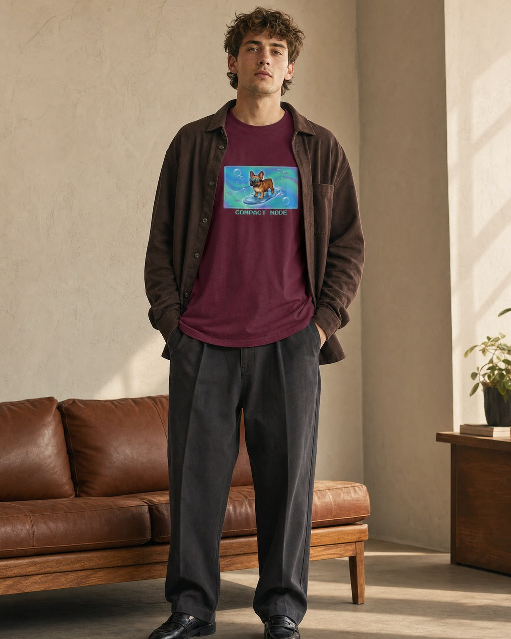 O's Tees Compact Mode French Bulldog Frutiger Aero Dogs graphic tee lifestyle image — Maroon shirt, male shot 02, charcoal workwear