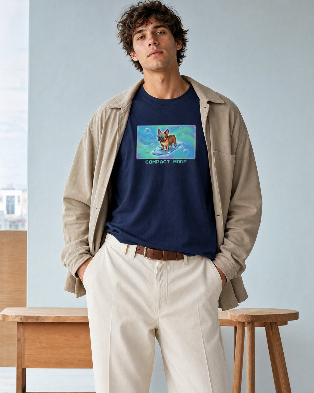 O's Tees Compact Mode French Bulldog Frutiger Aero Dogs graphic tee lifestyle image — Navy shirt, male shot 01, ecru trouser field