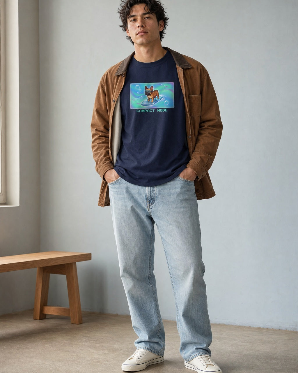 O's Tees Compact Mode French Bulldog Frutiger Aero Dogs graphic tee lifestyle image — Navy shirt, male shot 02, light denim tobacco